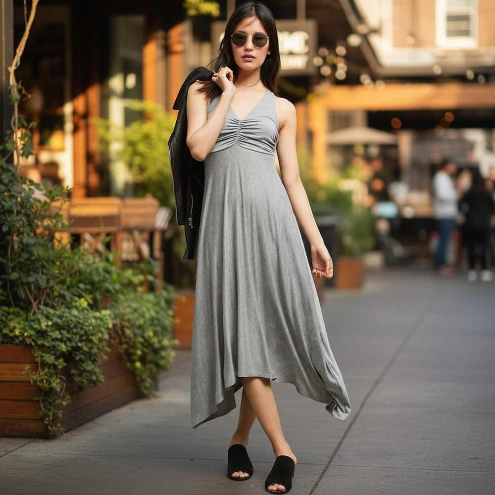 Maeve Anthropologie Gray Cinched Bust Handkerchief Hem Midi Dress Petite XS‎